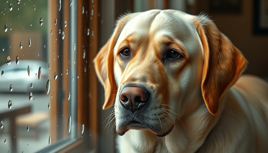 Yellow Labrador looking through a rainy window on a dreary day.
