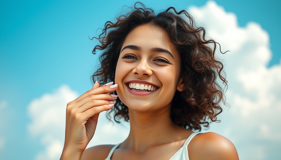 Woman smiling while applying sunscreen, best face sunscreens backdrop.