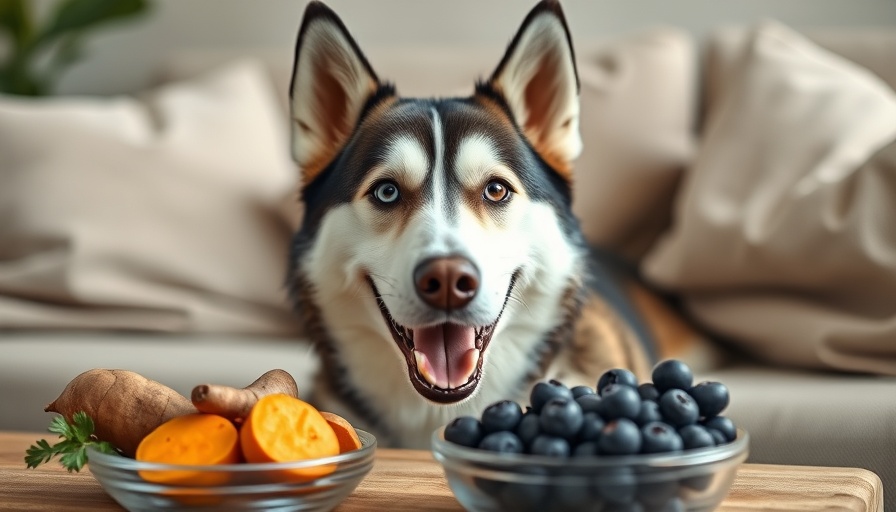 Healthy foods for older dogs with joint pain, featuring sweet potatoes and blueberries.