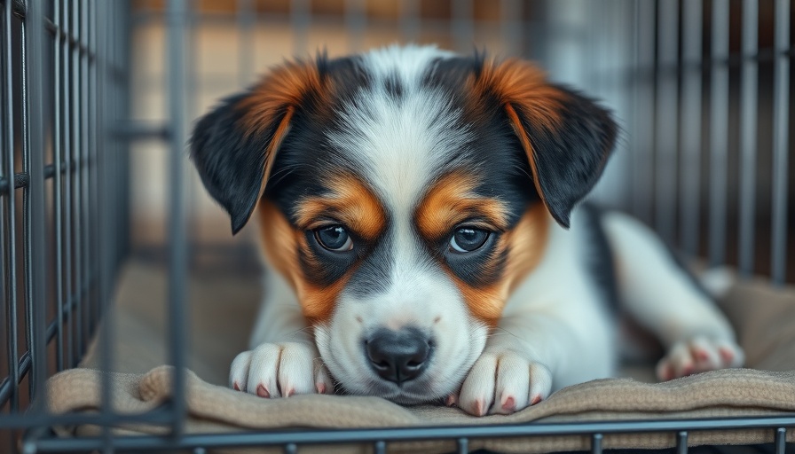 Sad puppy in crate depicting separation anxiety, indoors.