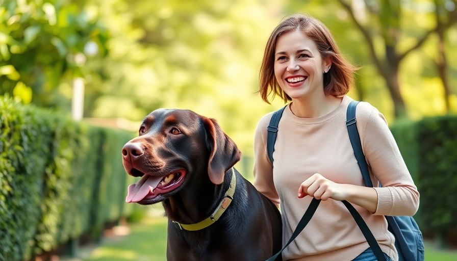 Woman walking dog in park, checking if pavement is too hot.