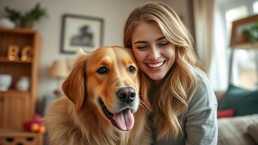 Joyful woman smiling with her golden retriever indoors, showcasing pet emotional health in a cozy home.