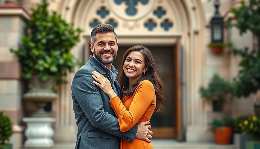 Couple smiling at church entrance for ketamine therapy for marriage improvement