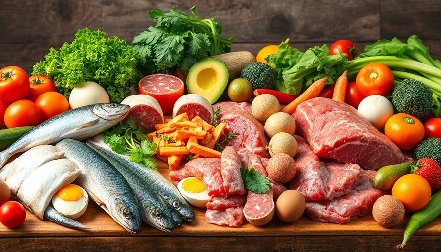 Colorful paleo diet foods promoting heart health on wooden table.