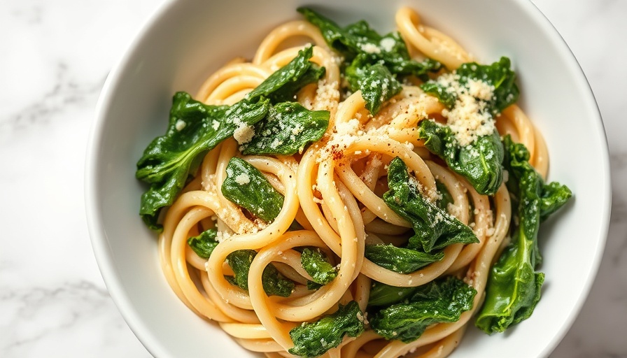 Creamy kale protein pasta recipe in a white bowl.