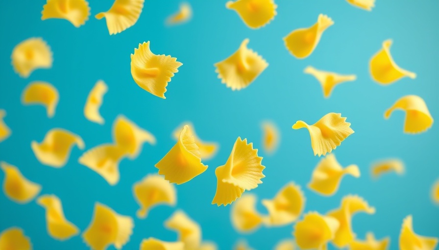 Floating farfalle pasta emphasizing dynamic dietary elements.