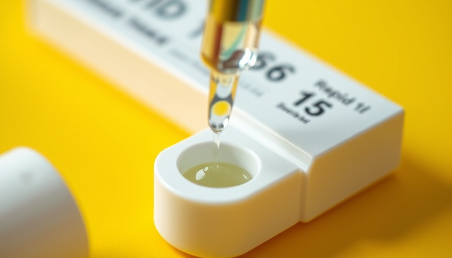 Close-up of COVID-19 rapid test kit with pipette, yellow background.