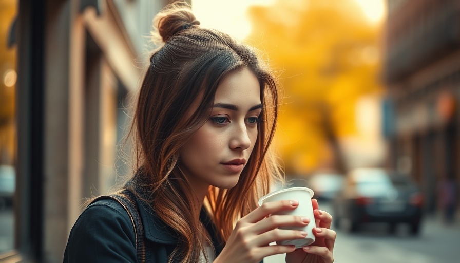 Young woman enjoying coffee in morning light, urban setting.