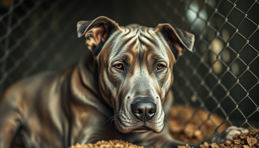 Gray dog in kennel reflecting on dog adoption journey.