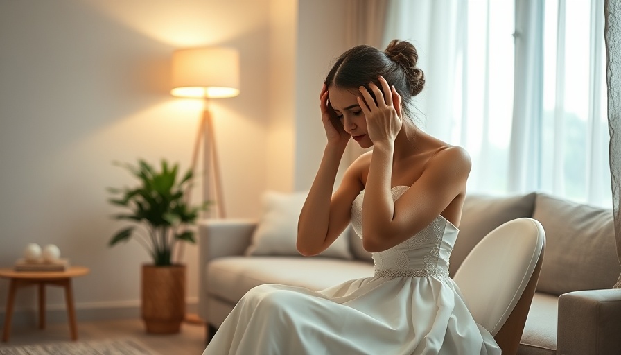 Bride with headache on wedding day in living room.