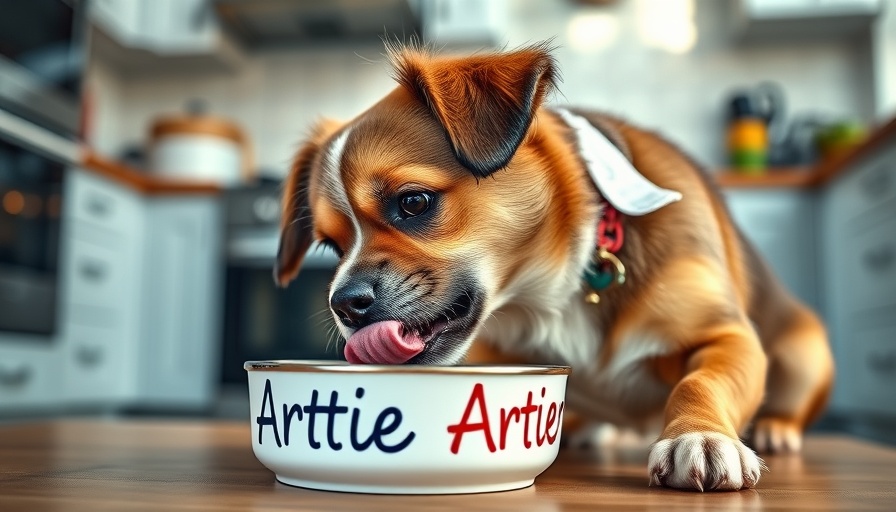Adorable dog licking a bowl on a countertop, feeding dogs nutritious food.