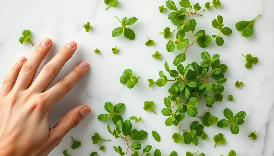 Lush green microherbs on white marble with a hand present.