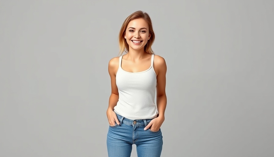 Happy woman showing weight loss success with loose jeans, low-fat vegan diet.