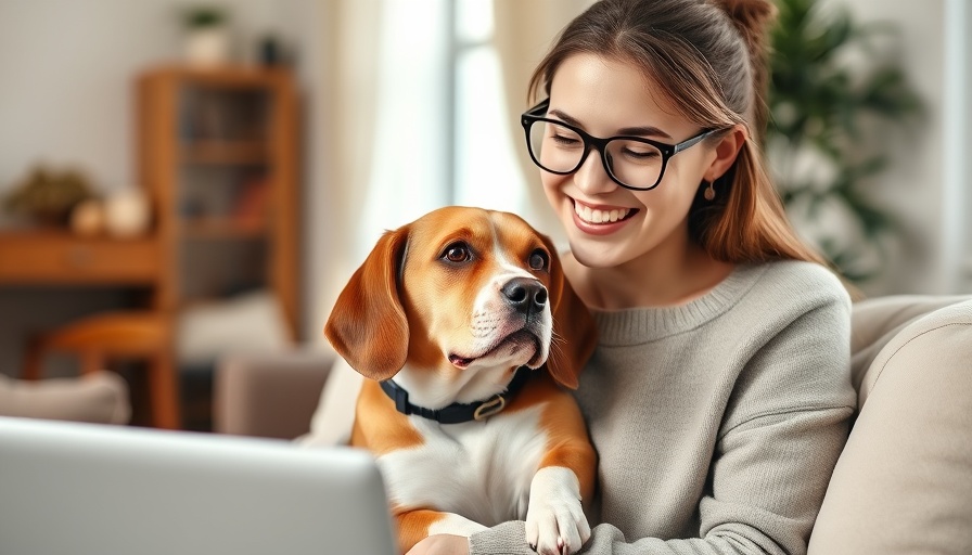Happy woman and beagle exploring dog DNA testing on laptop.