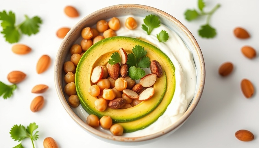 Savory yogurt bowl with chickpeas, avocado, and almonds artfully arranged.