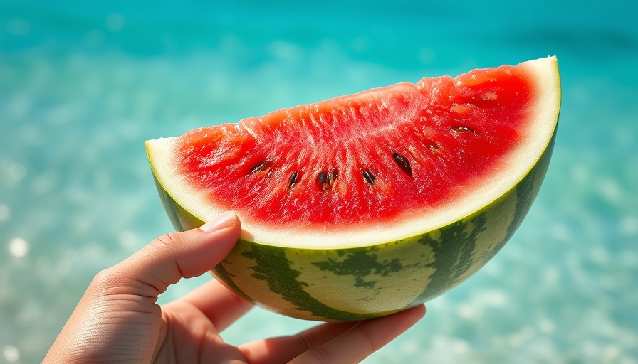 Slice of watermelon by the sea highlighting health benefits.