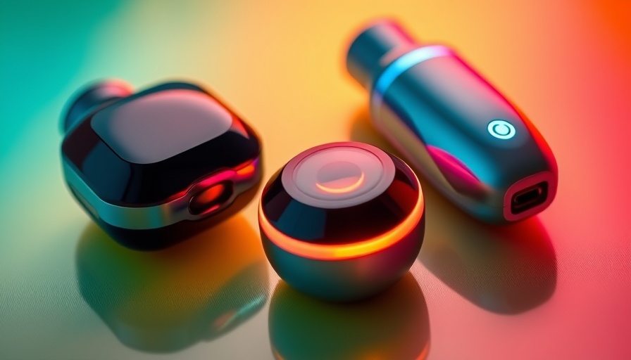 Modern smart beauty devices with LED lights on colorful background.