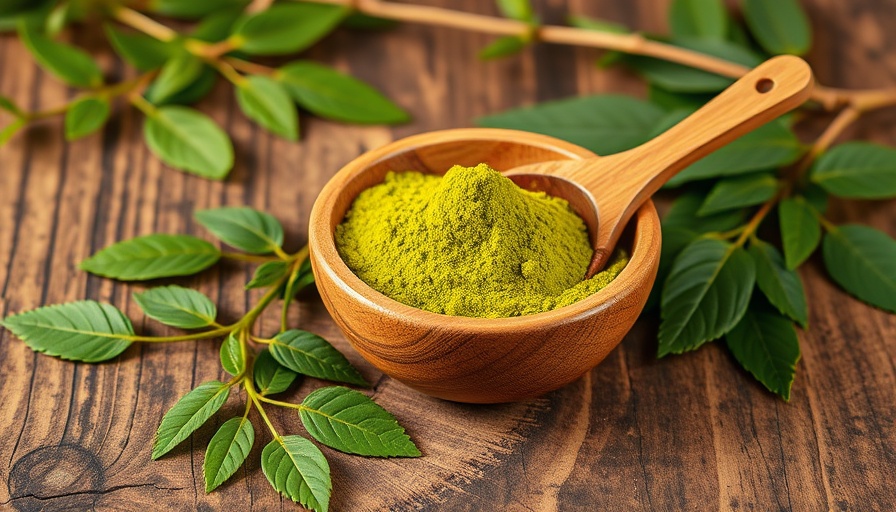 Moringa benefits for dogs: Powder and leaves on rustic table.