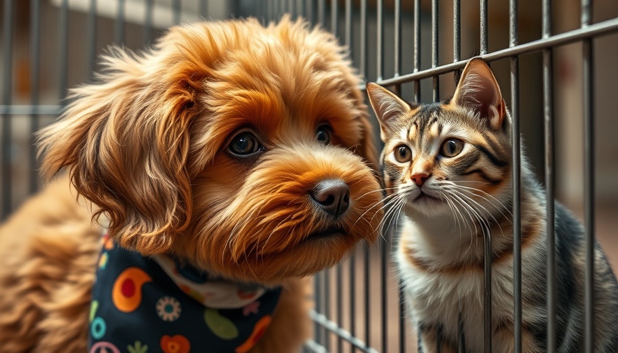 Curious dog with bandana looking at caged cat in shelter.