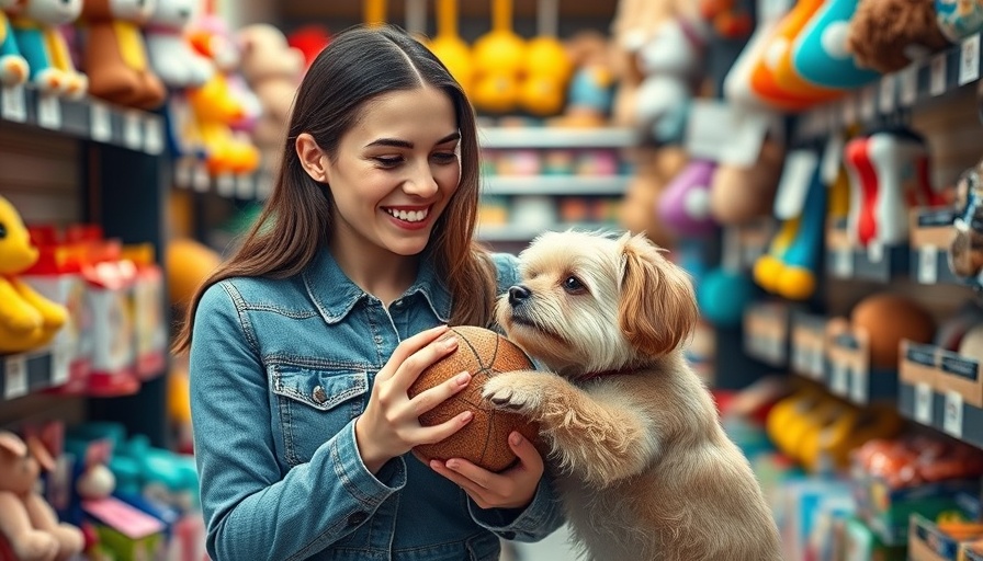 Young woman shopping for essential dog care items with her fluffy dog.