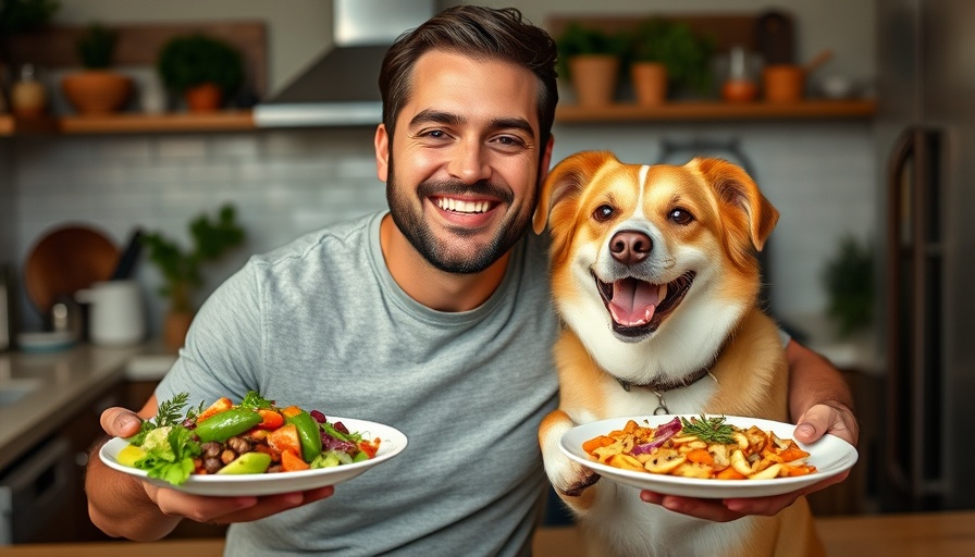 Man and dog with raw food plates in a kitchen setting.