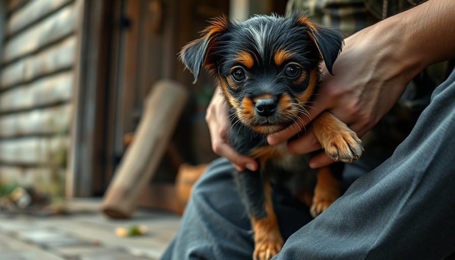 Chained Dogs Emotional Appeal with a concerned terrier and puppy in outdoor setting.