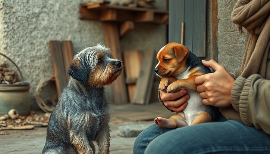 Chained dog gazes at puppy in person's arms, rustic backdrop.
