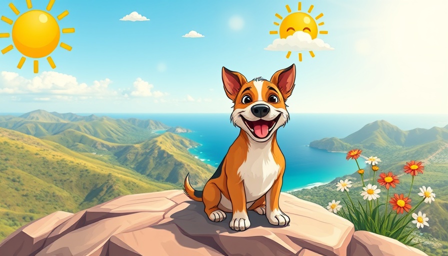 Dog enjoying hiking on a hilltop with vibrant scenery.