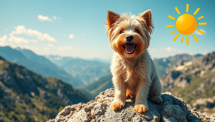 Dog enjoying hiking adventure in vibrant mountain scenery.