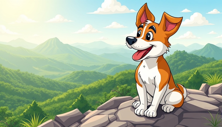 Cartoon-style terrier dog on hill, enjoying hiking scenery.