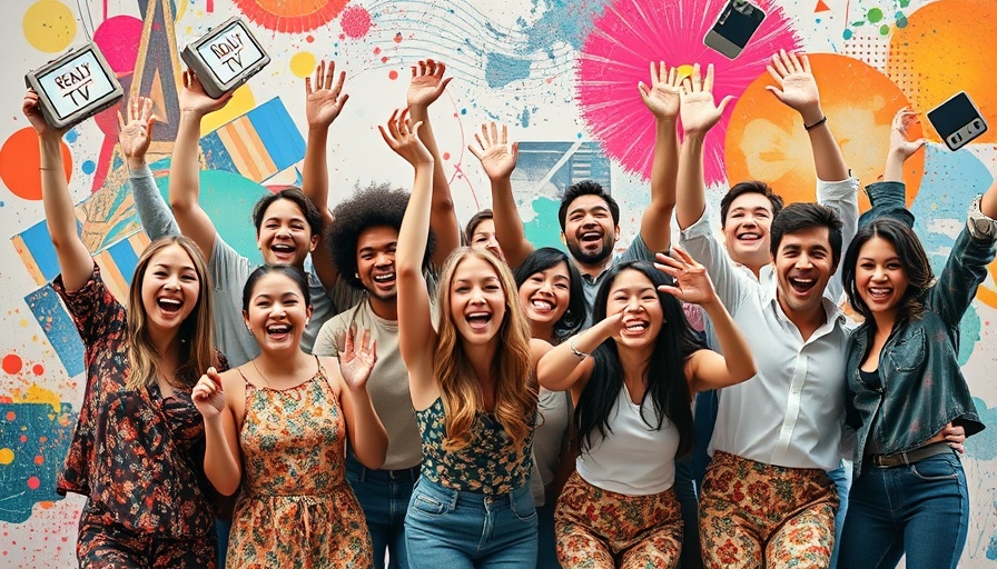 Reality TV contestants celebrate in colorful collage, reality TV mental health theme.