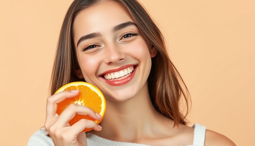 Joyful young woman with orange slice highlighting hidden ingredients affecting beauty and health.