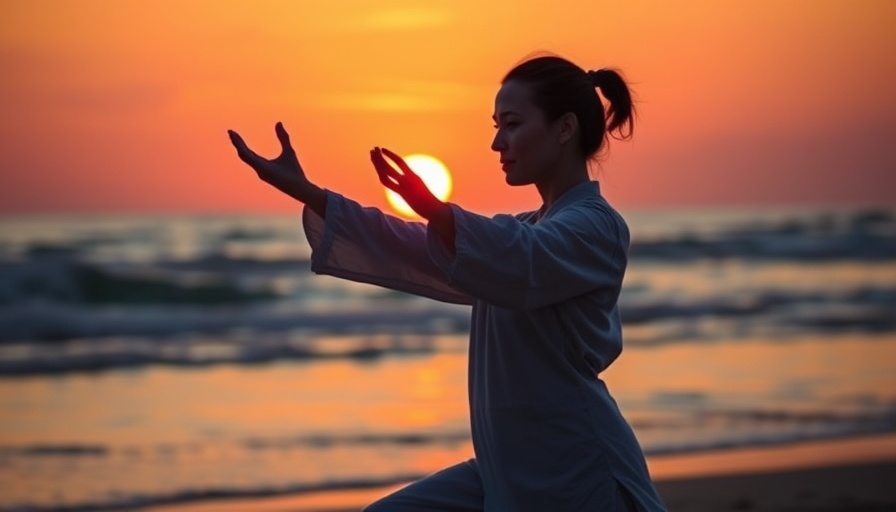 Tai Chi practice on beach during sunset as insomnia remedy.