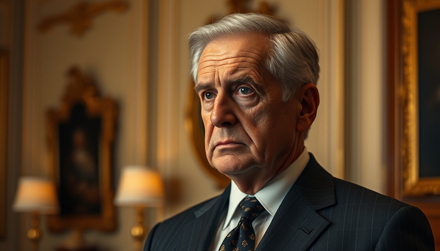 Serious older man in formal suit gazing directly indoors.