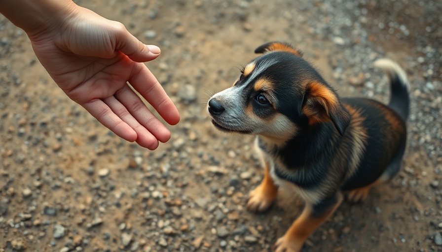 Small stray dog reaching out to a hand, symbolizing trust and rescue.