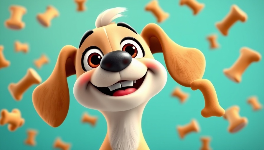 Cartoon dog enjoying dog training treats, joyful expression.