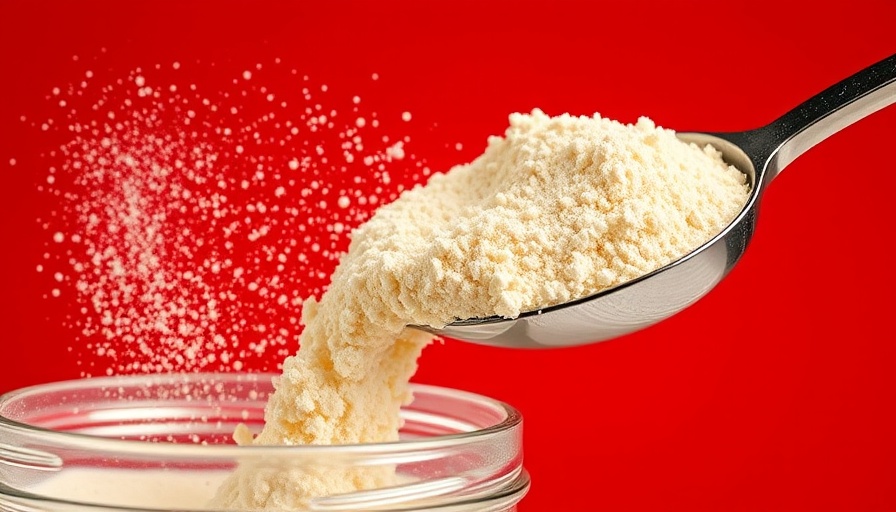 Protein powder spilling from scoop against red background.