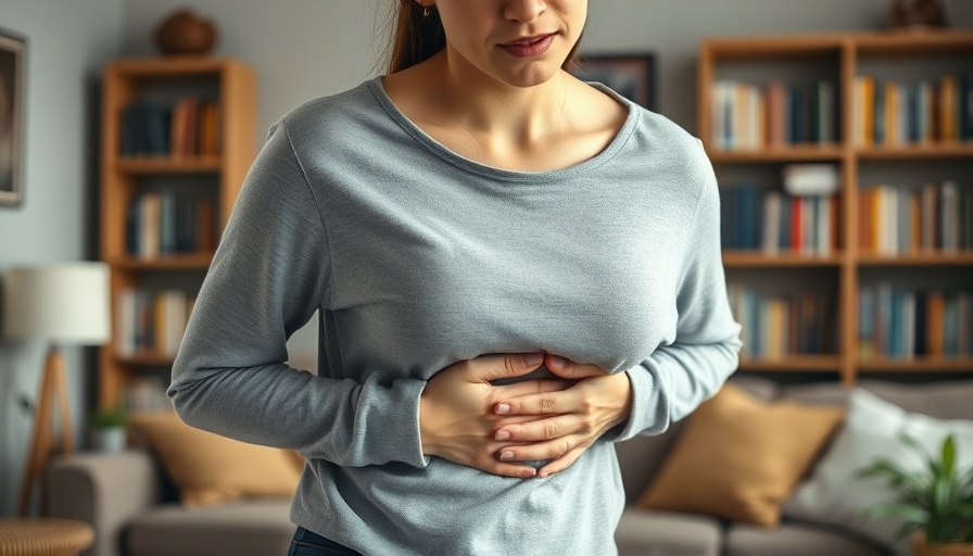 Woman experiencing stomach pain on a couch for gut hormone IBS-D treatment.