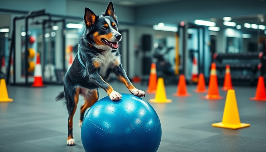 Developing a dog exercise routine with a blue heeler balancing on exercise ball in gym.