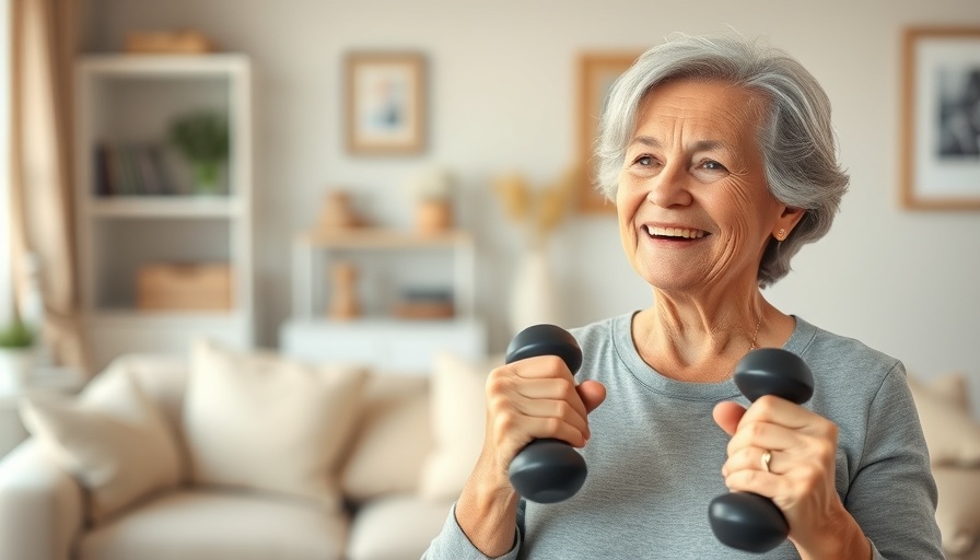 Older woman exercising to stop age-related muscle loss at home.
