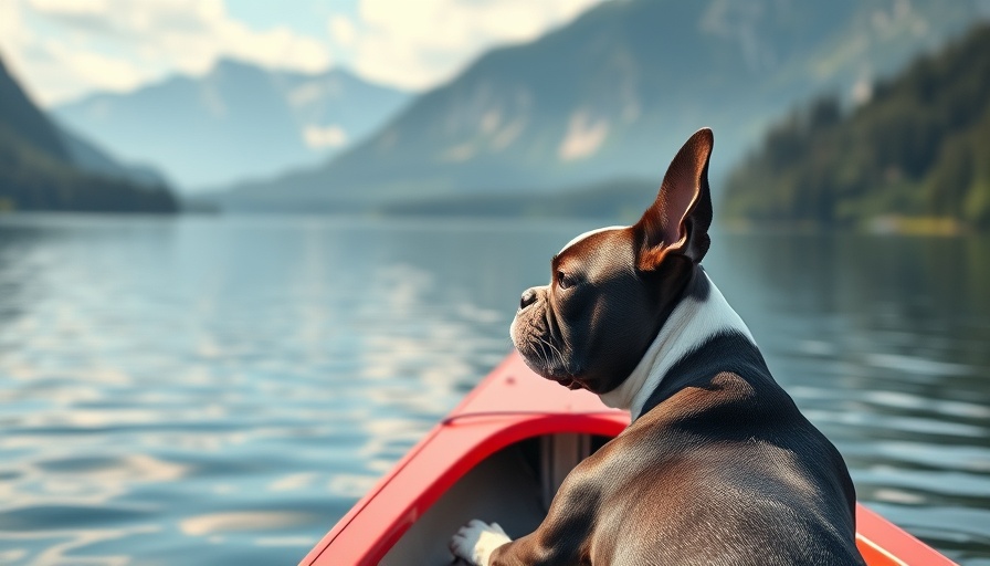 Boston Terrier in a canoe on a lake, scenic mountain view.