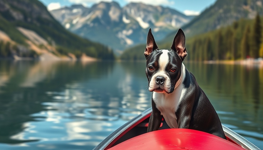 Boston Terrier exploring a Canadian lake from a canoe.