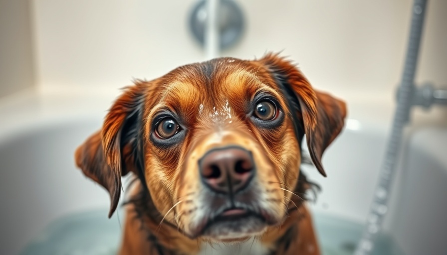 Dog bath time tips with uneasy brown dog in bath.