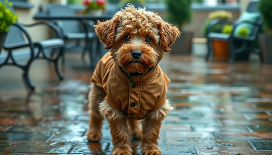 Curly-haired dog wearing a raincoat on a wet patio. Best Dog Raincoats