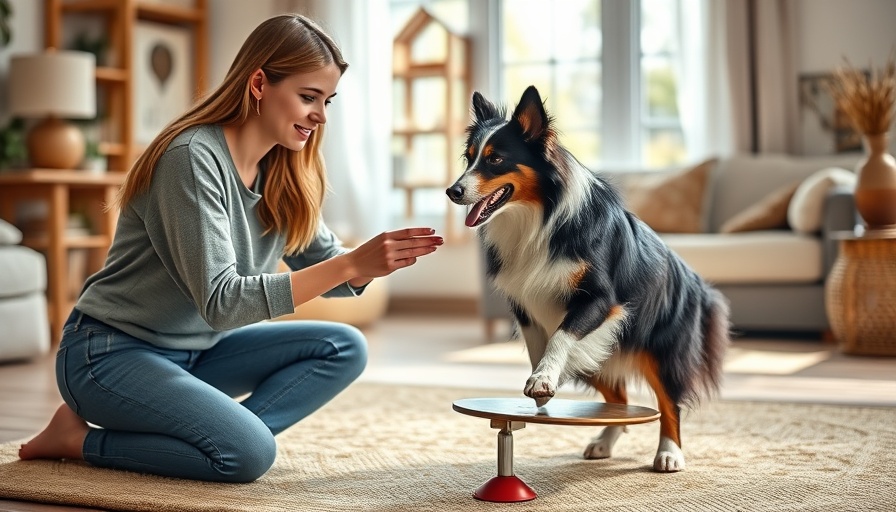 Woman using dog training tools with border collie in living room.