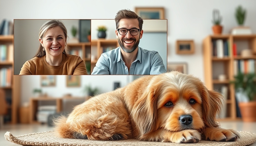 Three video call participants with a relaxed dog in a cozy setting.