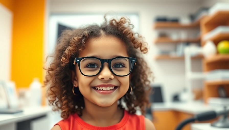 Smiling young girl with trial frame during eyesight check, link between diet and nearsightedness.