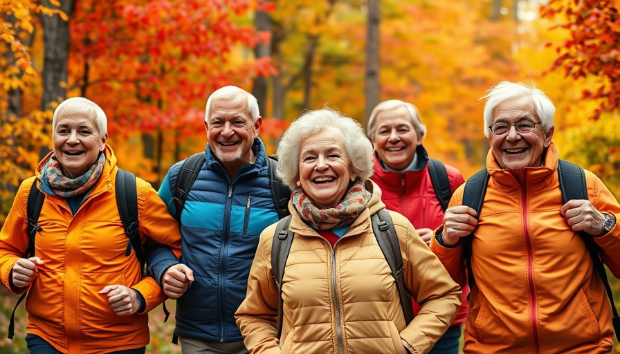 Older adults enjoying a hike in the fall season, surrounded by autumn foliage.