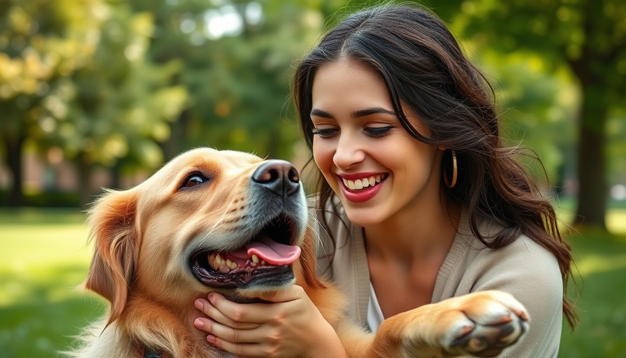 Smiling woman with golden retriever in park, reducing stress and finding balance.