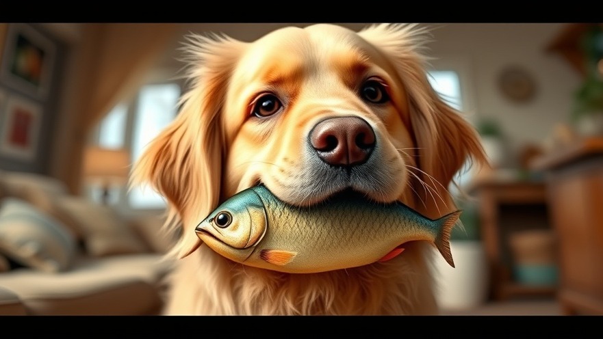Charming golden retriever holds cartoonish fish, promoting omega-3 fatty acids for dogs.